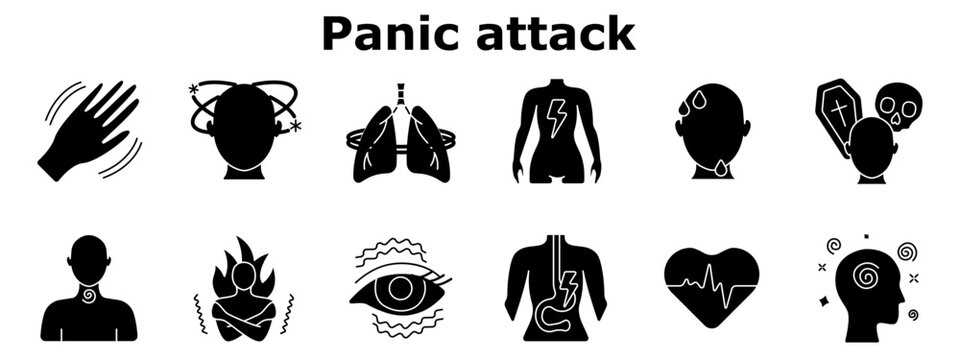 Panic attack set icon. Dizziness, trembling, chest pain, nausea, sweating, suffocation, fear, disorientation, hot flashes, rapid heartbeat, blurred vision, mental confusion.