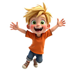Cartoon boy with blonde hair and green eyes jumping with joy and wearing an orange shirt and jeans isolated on transparent background