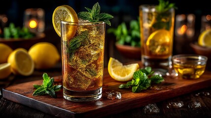 Iced Tea Drink with Lemon, Mint, and Refreshing Summer.