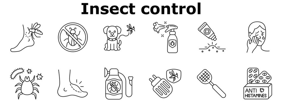 Insect control set icon. Mosquito bite, no bug sign, pet safety, repellents, itch, facial swelling, bacteria, rash, chemical spray, bite prevention, swatter, antihistamines.