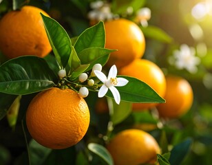 Ripe oranges and blossoms on a tree branch, backlit by sunlight