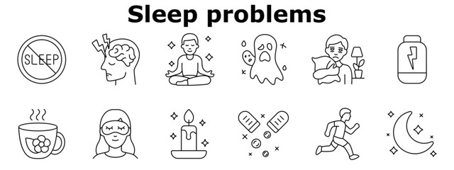 Sleep problems set icon. Insomnia symbol, overactive brain, meditation, nightmares, sadness, tiredness, tea, mask, candle, medicine, moonlight, running, anxiety.