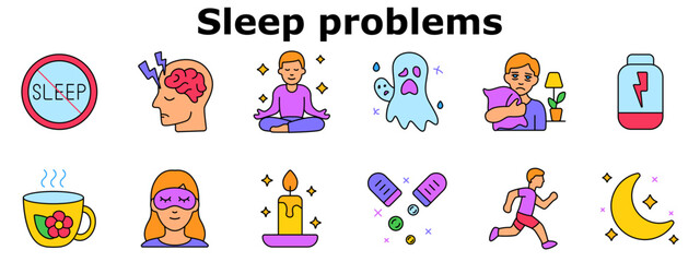 Fototapeta premium Sleep problems set icon. Insomnia symbol, overactive brain, meditation, nightmares, sadness, tiredness, tea, mask, candle, medicine, moonlight, running, anxiety. Multicolored icons.