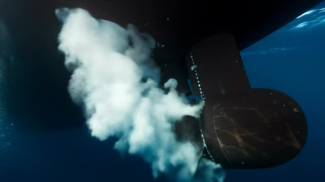 Underwater view of dark vessel propeller producing bubbles in deep blue ocean
