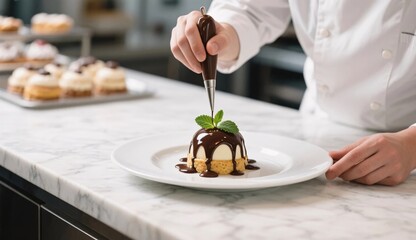 Chef Decorating Dessert with Chocolate Drizzle and Mint Leaves — Overhead Macro Shot