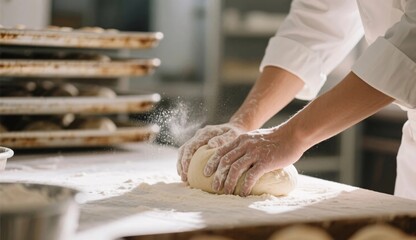 Fototapeta premium Artisan Chef Kneading Dough with Flour Dust and Soft Light in Bakery Kitchen