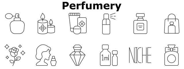 Perfumery set icon. Spray bottle, scented candles, cosmetic packaging, aromatic sprayer, luxury bottle, tester sample, rose scent, niche perfume, shopping.