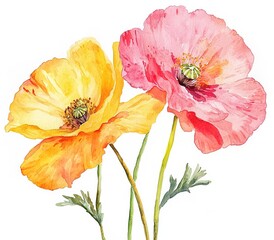 Two Watercolor Poppies In Yellow And Pink