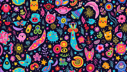 Fototapeta premium Vibrant Pixel Art Seamless Pattern with Cute Animals and Flowers