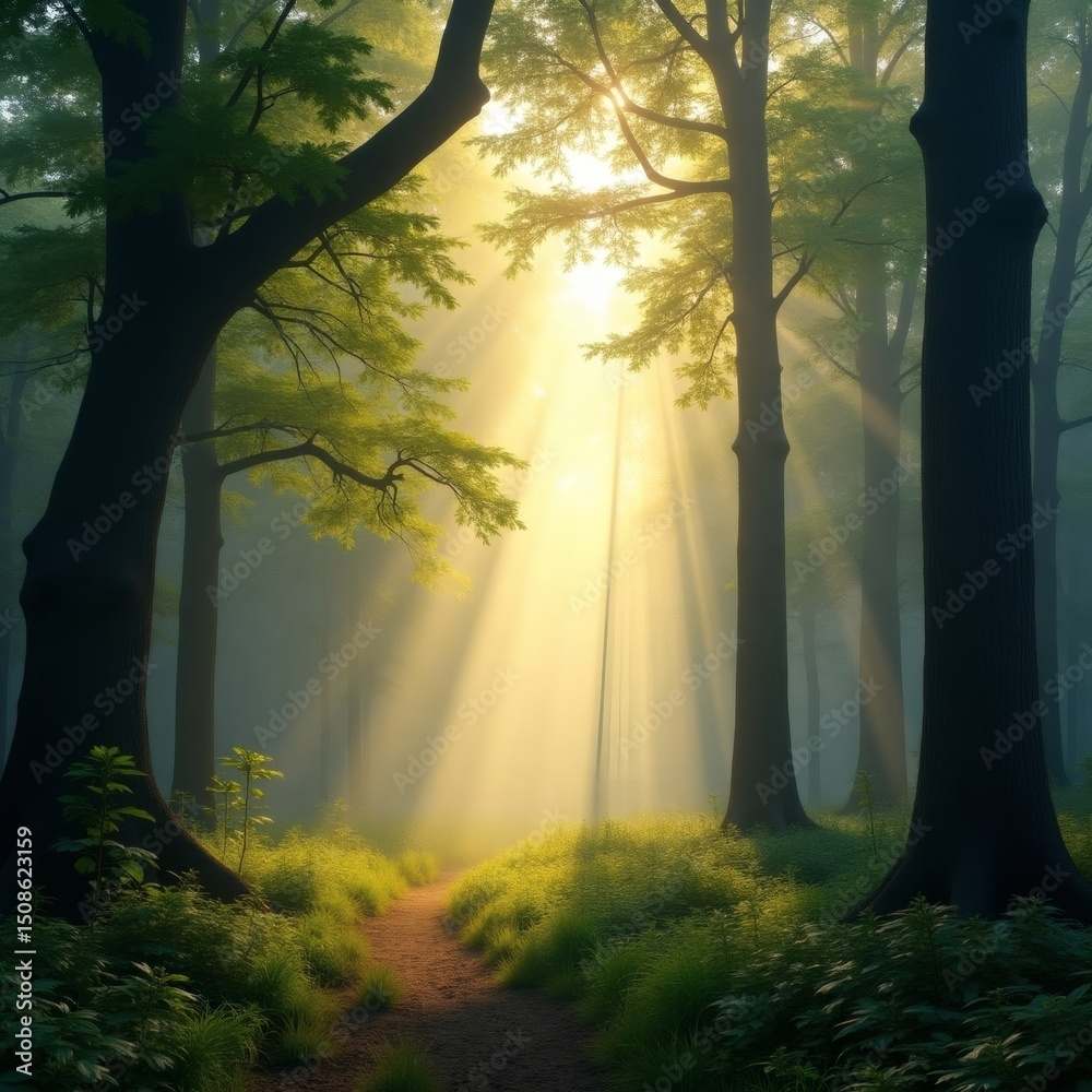 Aufkleber Sunlight streams through trees, illuminating a forest pathway, creating a serene and enchanting natural scene
