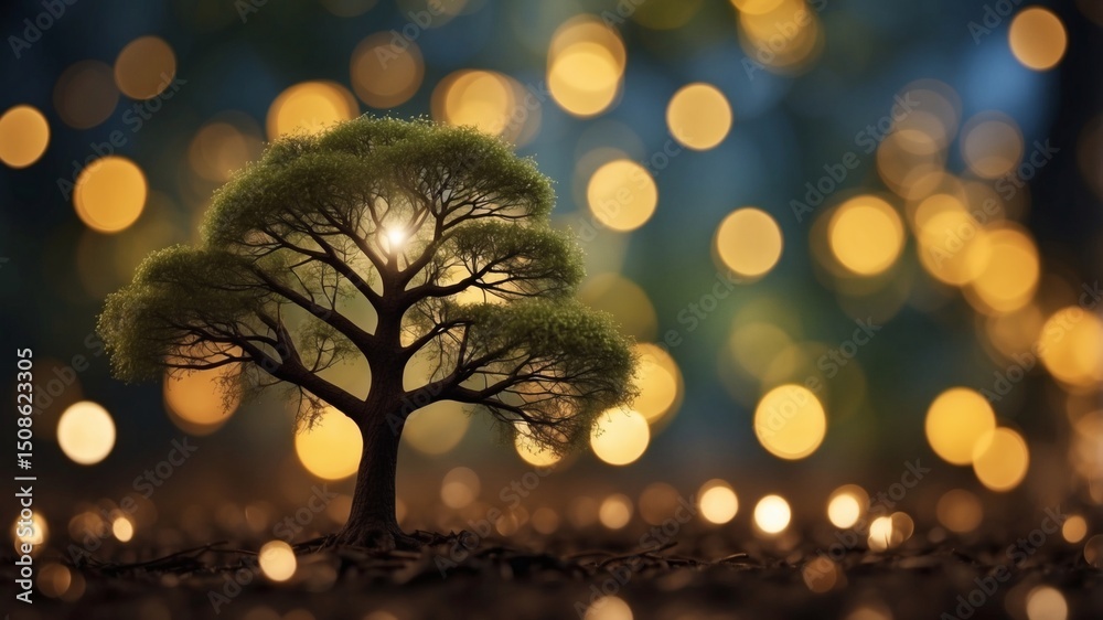 Poster a vibrant tree bathed in soft light with bokeh background, the tree's crown reaches toward the light