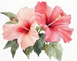 Two Delicate Pink And Red Hibiscus Flowers