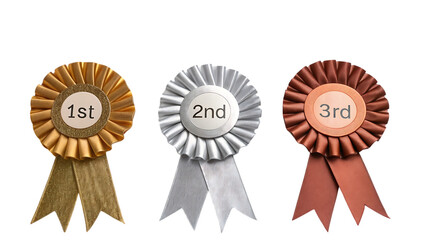 Gold, silver, and bronze award rosettes for 1st, 2nd, and 3rd place on transparent background