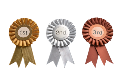 Gold, silver, and bronze award rosettes for 1st, 2nd, and 3rd place on transparent background