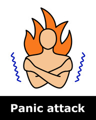 Panic attack icon. Person with crossed arms and flames showing body heat, inner agitation, emotional overwhelm, discomfort, stress state.