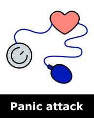 Panic attack icon. Heart connected to pressure cuff symbolizing blood pressure spikes, cardiovascular stress, emotional tension, physiological response.
