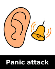 Panic attack icon. Ear with ringing bell showing auditory sensitivity, noise overload, sound disturbance, stress symptom, mental alert.