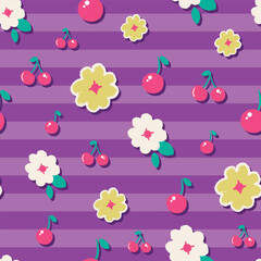 Fruit and flowers vector repeat pattern on purple stripes