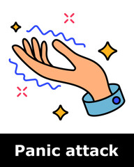 Panic attack icon. Open hand with vibrating lines and sparkles representing shaking, nervous tremor, emotional stress, muscle reaction.