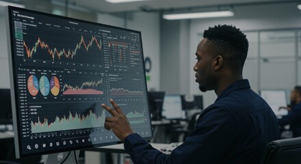 Businessman Analyzing Data on Large Screen in Modern Office Setting