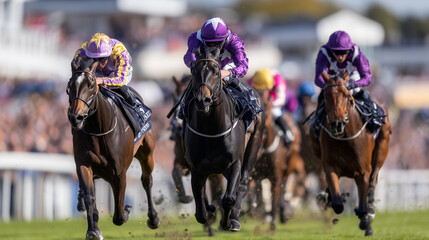 Thrilling Horse Racing Action at Royal Ascot Festival Featuring Top Jockeys and Elite Thoroughbreds in a Competitive Sprint Towards Victory on a Historic British Racecourse