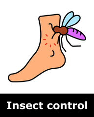 Insect control icon. Mosquito stinging bare foot with red marks showing irritation, inflammation, or allergic response.