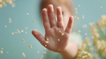 Child's hand raised to stop airborne pollen. Concept of allergy prevention, seasonal reaction, and childhood sensitivity to nature and springtime environmental conditions.