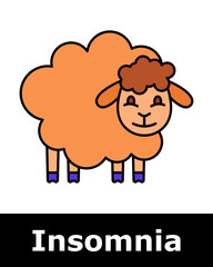 Insomnia icon. Cartoon orange sheep with smile, symbolizing traditional mental technique of counting sheep to induce sleep.