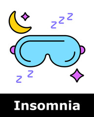 Insomnia icon. Blue sleep mask with moon, stars, and Z symbols, representing sleep aid for darkness and relaxation.