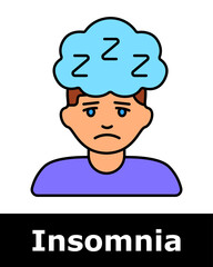 Insomnia icon. Man with tired expression and thought bubble full of Zs showing drowsiness and mental fatigue due to poor sleep.