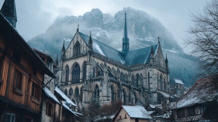 Obraz premium Majestic Gothic Church Surrounded by Snowy Mountain Landscape