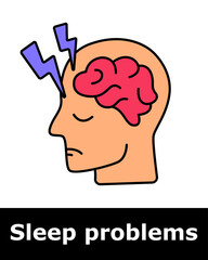 Sleep problems icon. Human head with closed eyes, brain, and lightning bolts indicating stress, insomnia, mental fatigue, overthinking, and neurological disturbance.