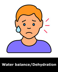 Dehydration icon. Person with tired expression and droplet, symbolizing fatigue, fluid deficiency, and physical exhaustion.