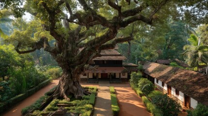 Historic Home Surrounded by Giant Tree and Lush Greenery