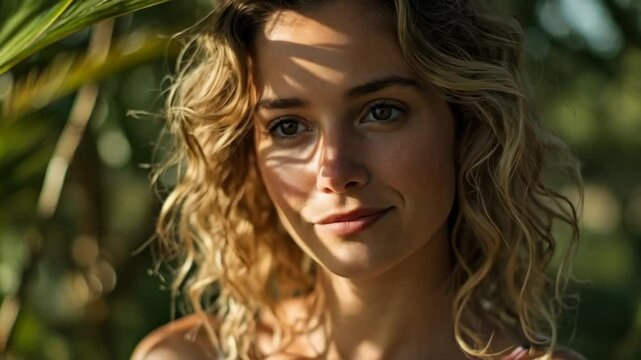 Junge Frau klopft sich auf die Stirn und dem dritten Auge.  Es ist ein sonniger Tag im Urlaub