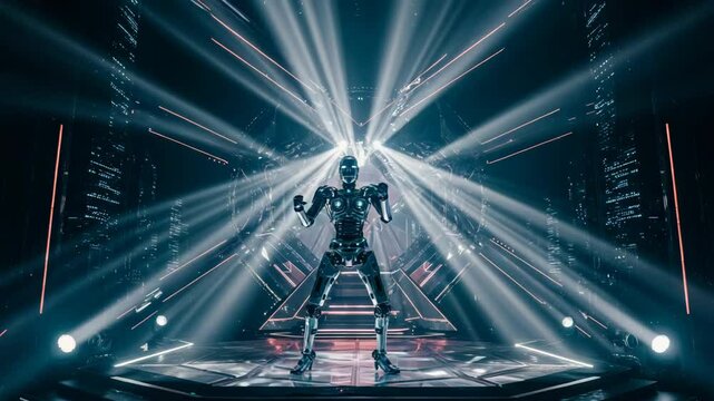 Robot dancing under dynamic lights in futuristic setting, concept of robot dancing or learning to dance  