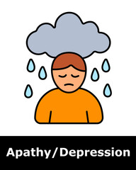 Depression icon. Person under rainy cloud, symbolizing prolonged sadness, low mood, and emotional burden.