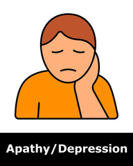 Apathy icon. Person resting head on hand with sad expression, representing fatigue, emotional detachment, and mental health issue.