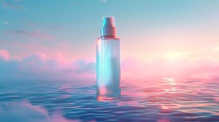 Weightless setting spray bottle mockup hovering above an endless ocean of mist reflecting the soft neon hues of a glowing dreamscape sky