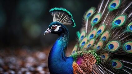 Fototapeta premium A stunning peafowl displays its iridescent tail feathers with vibrant eye spots, showcasing natural beauty.