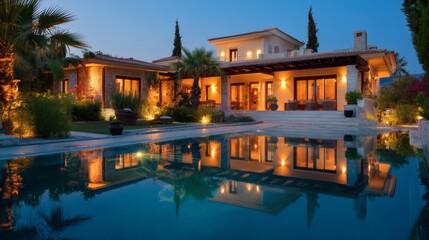 Obraz premium Elegant villa by the pool at twilight with stunning lighting effects