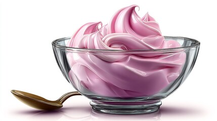 Pink Yogurt Dessert with Glass Bowl, Spoon, and Creamy.
