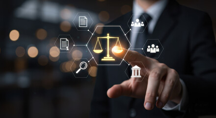 Law concept: a man in a suit interacting with virtual scales and law icons