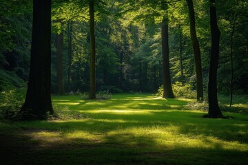 Obraz premium Sunlight filtering through trees onto lush green grass in forest