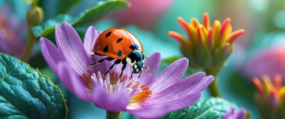 Fototapeta premium Extreme Macro Shots, Beautiful Ladybug On Flower Leaf with Empty Copy Space For Text