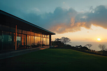 Obraz premium Modern glass house reflecting stunning sunset over tropical ocean