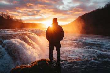 Man standing on the edge of a waterfall silhouette