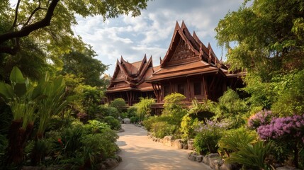 Fototapeta premium Traditional Thai Architecture Surrounded by Lush Greenery and Nature