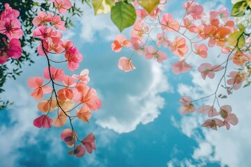 Pink bougainvillea flowers reflecting on water surface with cloudy blue sky