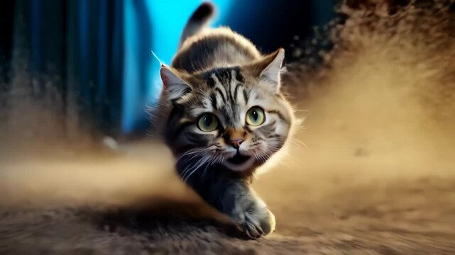 Schnell rennende Katze. Sand wird aufgewirbelt durch die Geschwindigkeit der Katze.